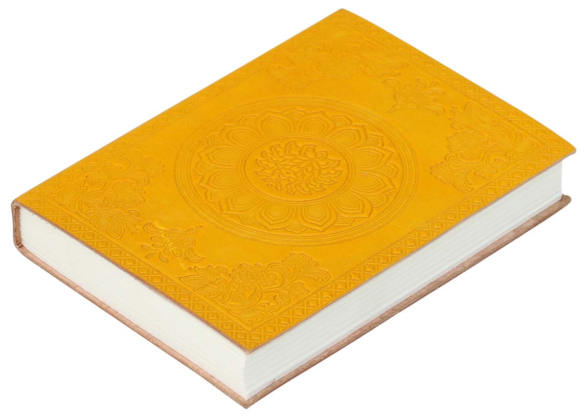 Genuine Handmade Leather Journal / Personal Notebook in Mustard Yellow - Floral Chakra Embossed Leather - Travel Diaries & Gift Ideas - Buy in Bulk Wholesale