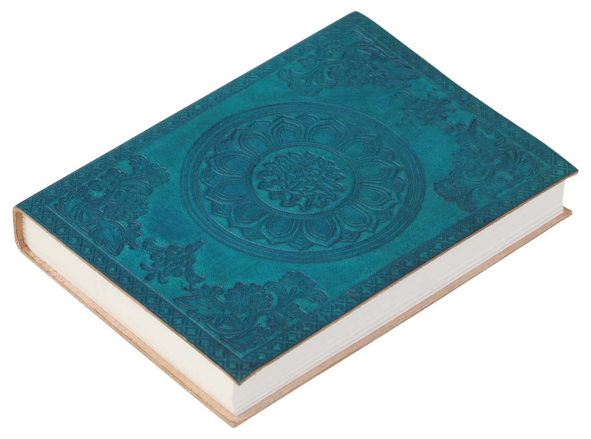 Genuine Handmade Leather Journal / Personal Notebook in Teal - Floral Chakra Embossed Leather - Travel Diaries & Gift Ideas - Buy in Bulk Wholesale