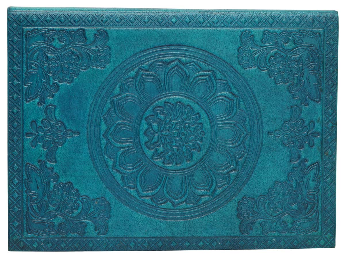 Genuine Handmade Leather Journal / Personal Notebook in Teal - Floral Chakra Embossed Leather - Travel Diaries & Gift Ideas - Buy in Bulk Wholesale
