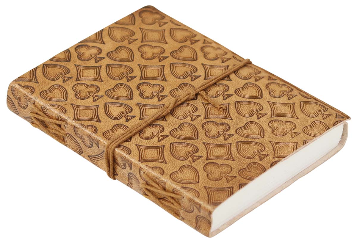Genuine Handmade Leather Journal / Personal Notebook in Golden-Brown - Embossed Leather Playing Cards Motifs - Travel Diaries & Gift Ideas - Buy in Bulk Wholesale