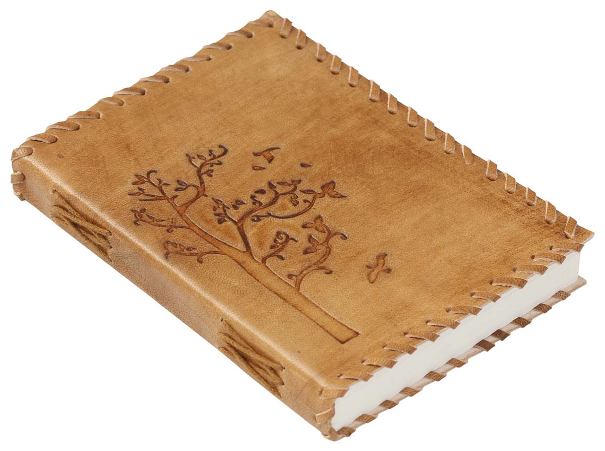 Genuine Handmade Leather Journal / Personal Notebook in Golden-Brown - Embossed Leather Tree & Soaring Birds Pattern - Travel Diaries & Gift Ideas - Buy in Bulk Wholesale