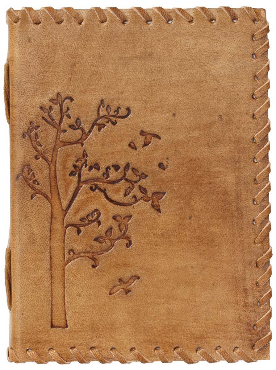 Genuine Handmade Leather Journal / Personal Notebook in Golden-Brown - Embossed Leather Tree & Soaring Birds Pattern - Travel Diaries & Gift Ideas - Buy in Bulk Wholesale