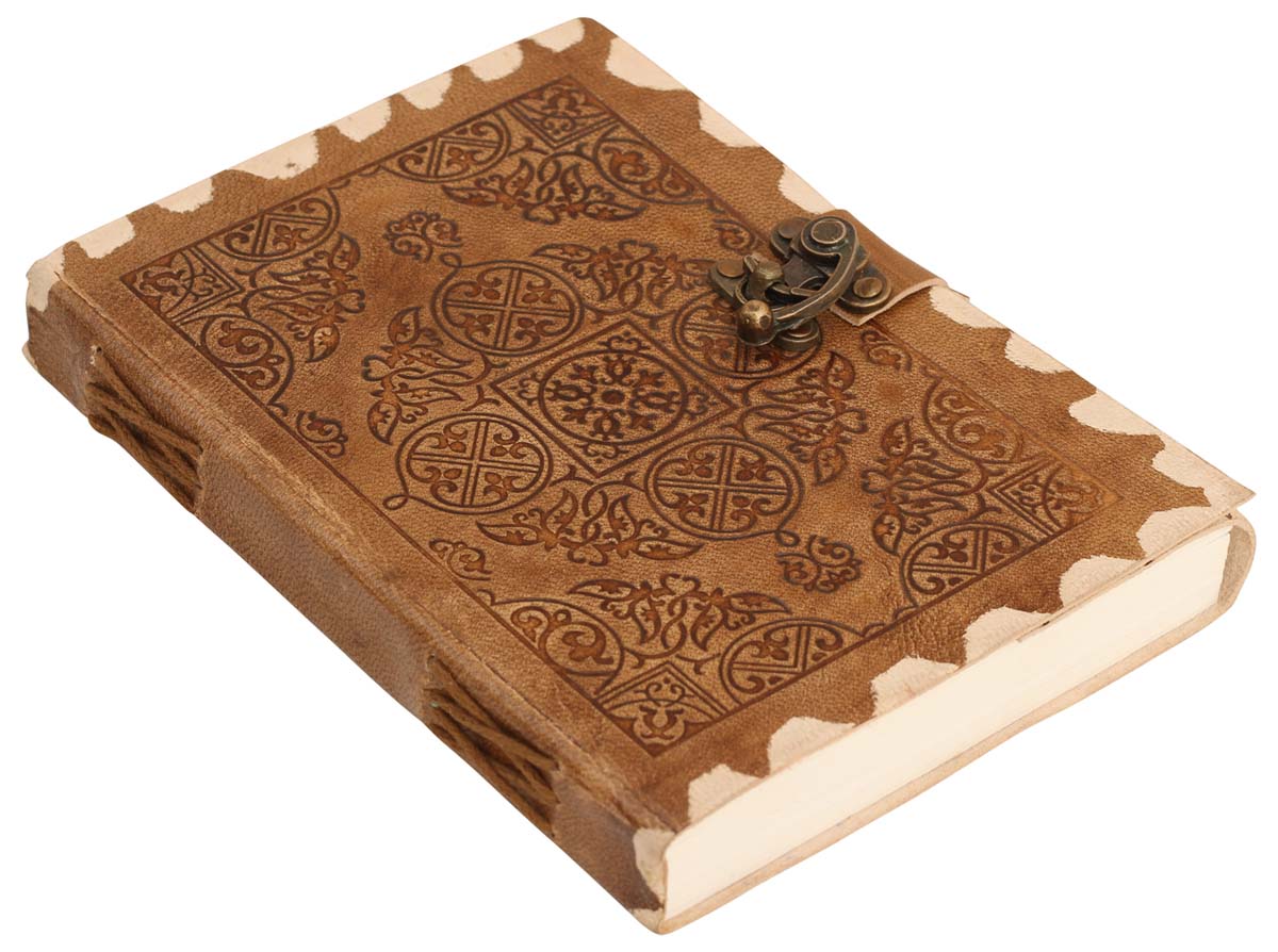 Genuine Handmade Leather Journal / Personal Notebook in Antiqued Golden-Brown - Florentine Pattern Embossed Leather With Slider C-Lock - Travel Diaries & Gift Ideas - Buy in Bulk Wholesale