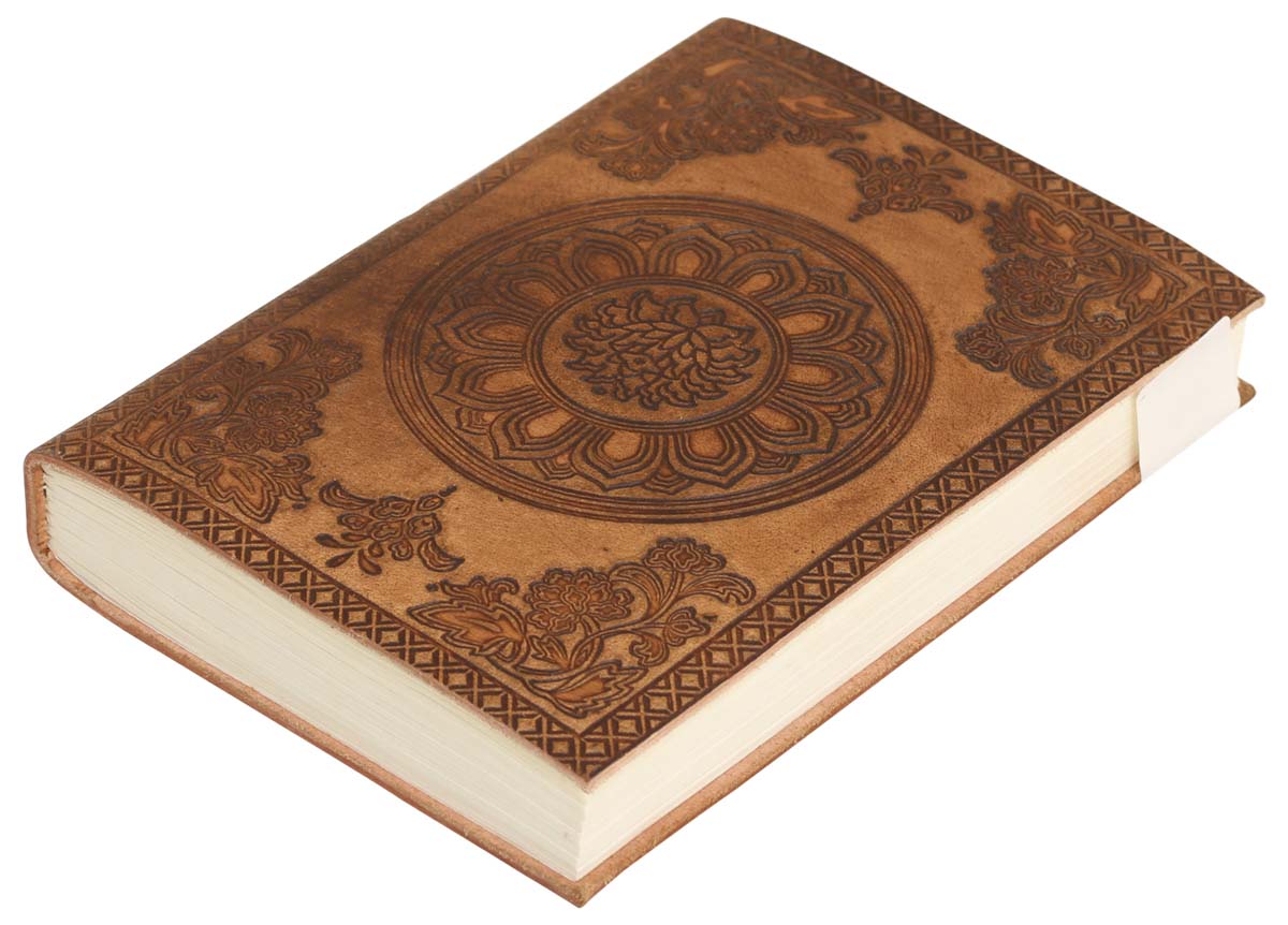Genuine Handmade Leather Journal / Personal Notebook in Antiqued Golden-Brown - Floral Chakra Embossed Leather - Travel Diaries & Gift Ideas - Buy in Bulk Wholesale