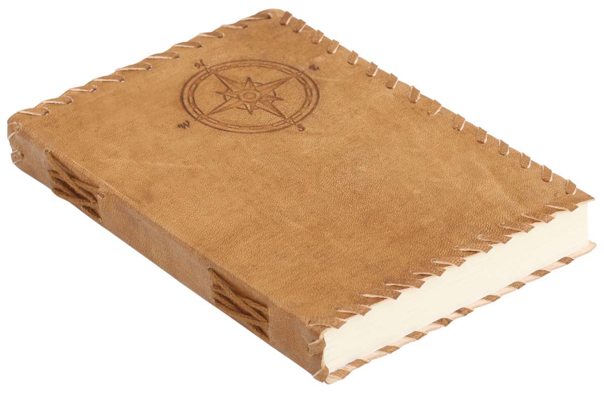 Genuine Handmade Leather Journal / Personal Notebook in Antiqued Golden-Brown - Naval Compass Embossed Leather & Side Stitching - Travel Diaries & Gift Ideas - Buy in Bulk Wholesale