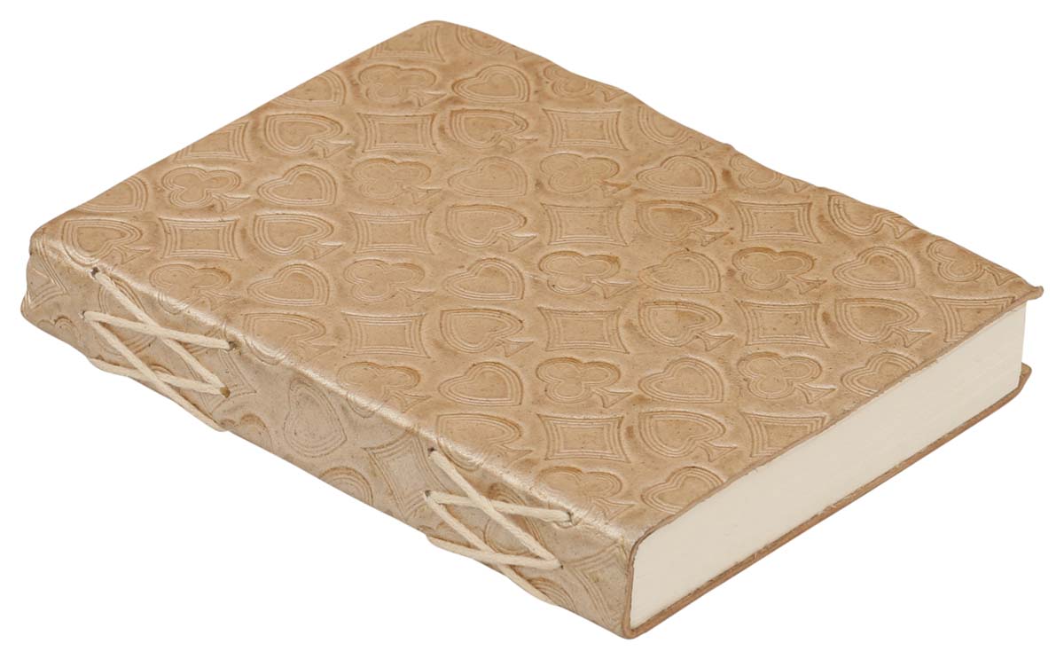 Genuine Handmade Leather Journal / Personal Notebook in Ivory-Silver Tone - Embossed Leather Playing Cards Motifs - Travel Diaries & Gift Ideas - Buy in Bulk Wholesale