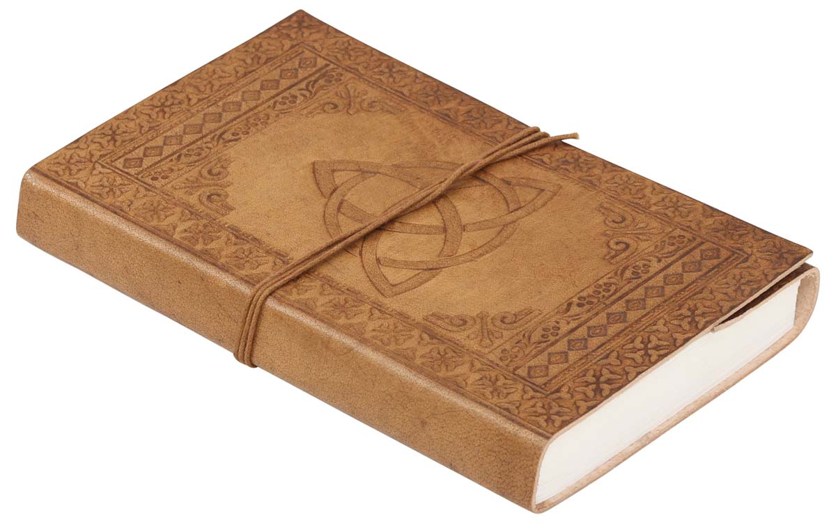 Genuine Handmade Leather Journal / Personal Notebook in Antiqued Golden-Brown - Embossed Leather Celtic Triquetra Motif - Travel Diaries & Gift Ideas - Buy in Bulk Wholesale