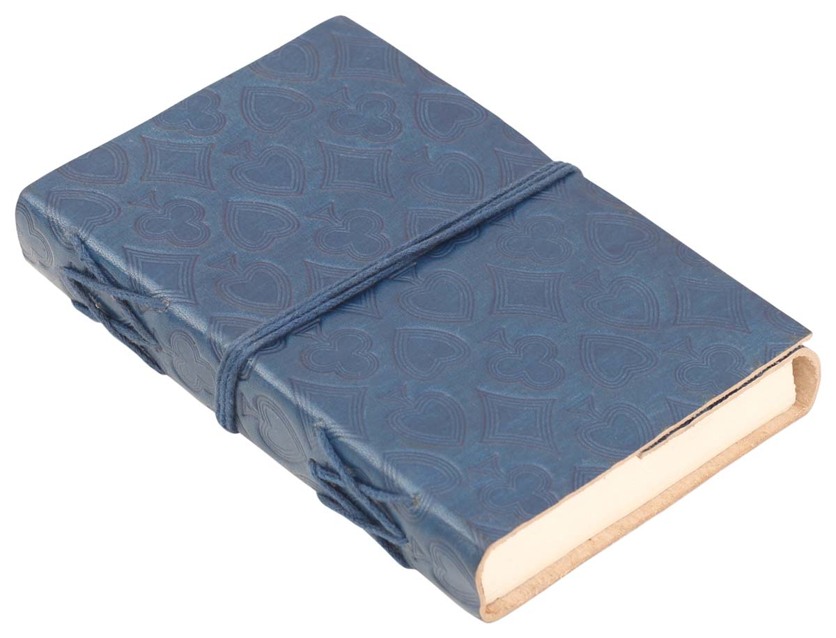 Genuine Handmade Leather Journal / Personal Notebook in Navy Blue - Embossed Leather Playing Cards Motifs - Travel Diaries & Gift Ideas - Buy in Bulk Wholesale