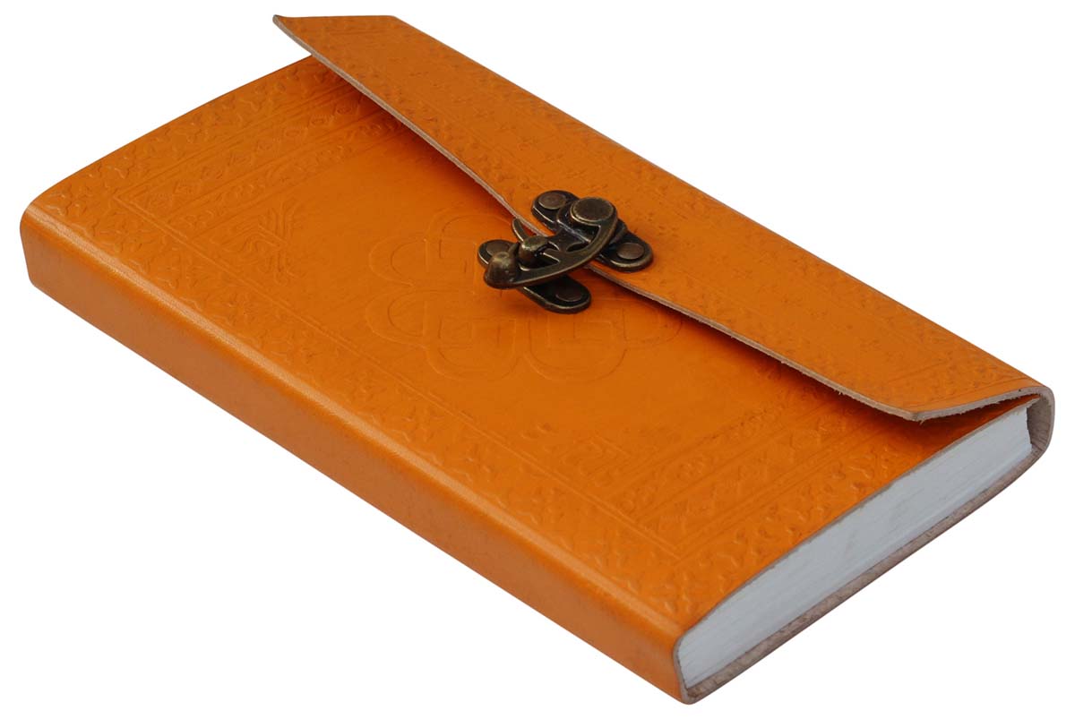 Genuine Handmade Leather Journal / Personal Notebook in Tangerine - Embossed Leather Breaking Benjamin Symbol & Brass C-Lock - Travel Diaries & Gift Ideas - Buy in Bulk Wholesale