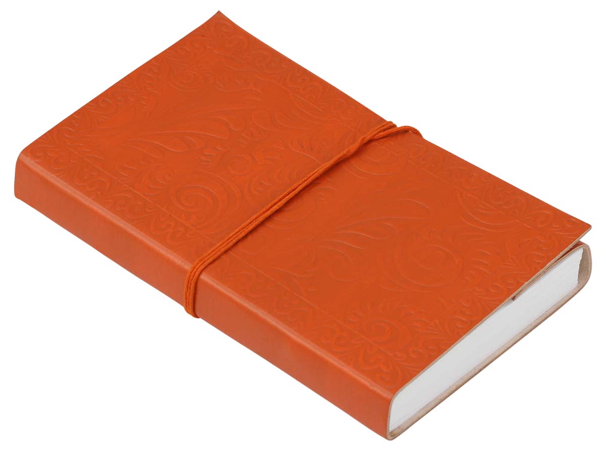 Genuine Handmade Leather Journal / Personal Notebook in Tangerine - Embossed Leather Floral Motif & Floral Vine Pattern - Travel Diaries & Gift Ideas - Buy in Bulk Wholesale
