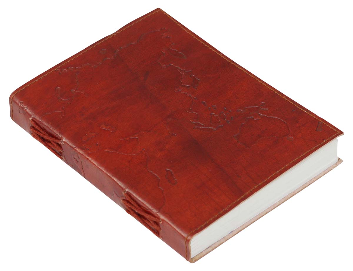 Genuine Handmade Leather Journal / Personal Notebook in Antiqued Cinnamon Brown - Embossed Leather World Map - Travel Diaries & Gift Ideas - Buy in Bulk Wholesale