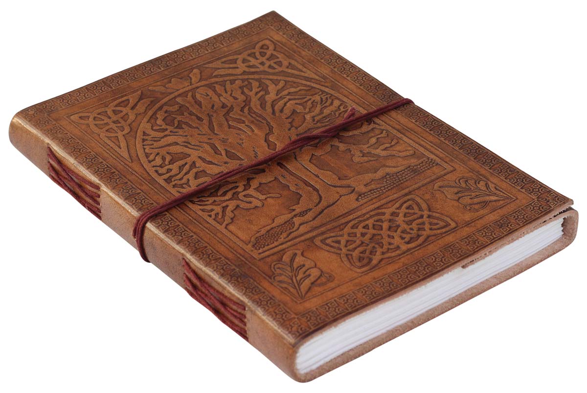 Genuine Handmade Leather Journal / Personal Notebook in Antiqued Golden-Brown - Celtic Tree Of Life Embossed Leather - Travel Diaries & Gift Ideas - Buy in Bulk Wholesale