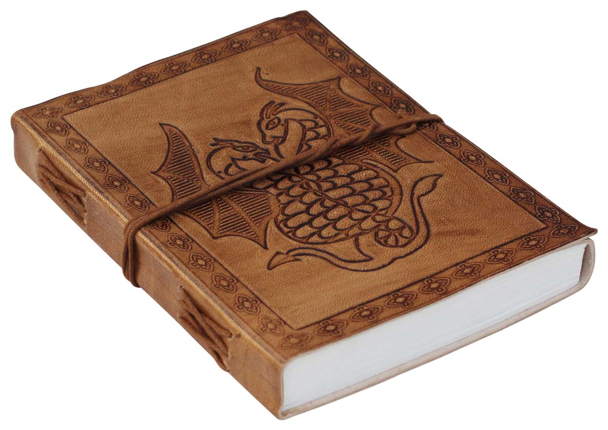 Genuine Handmade Leather Journal / Personal Notebook in Antiqued Golden-Brown - Double Dragon Embossed Leather - Travel Diaries & Gift Ideas - Buy in Bulk Wholesale