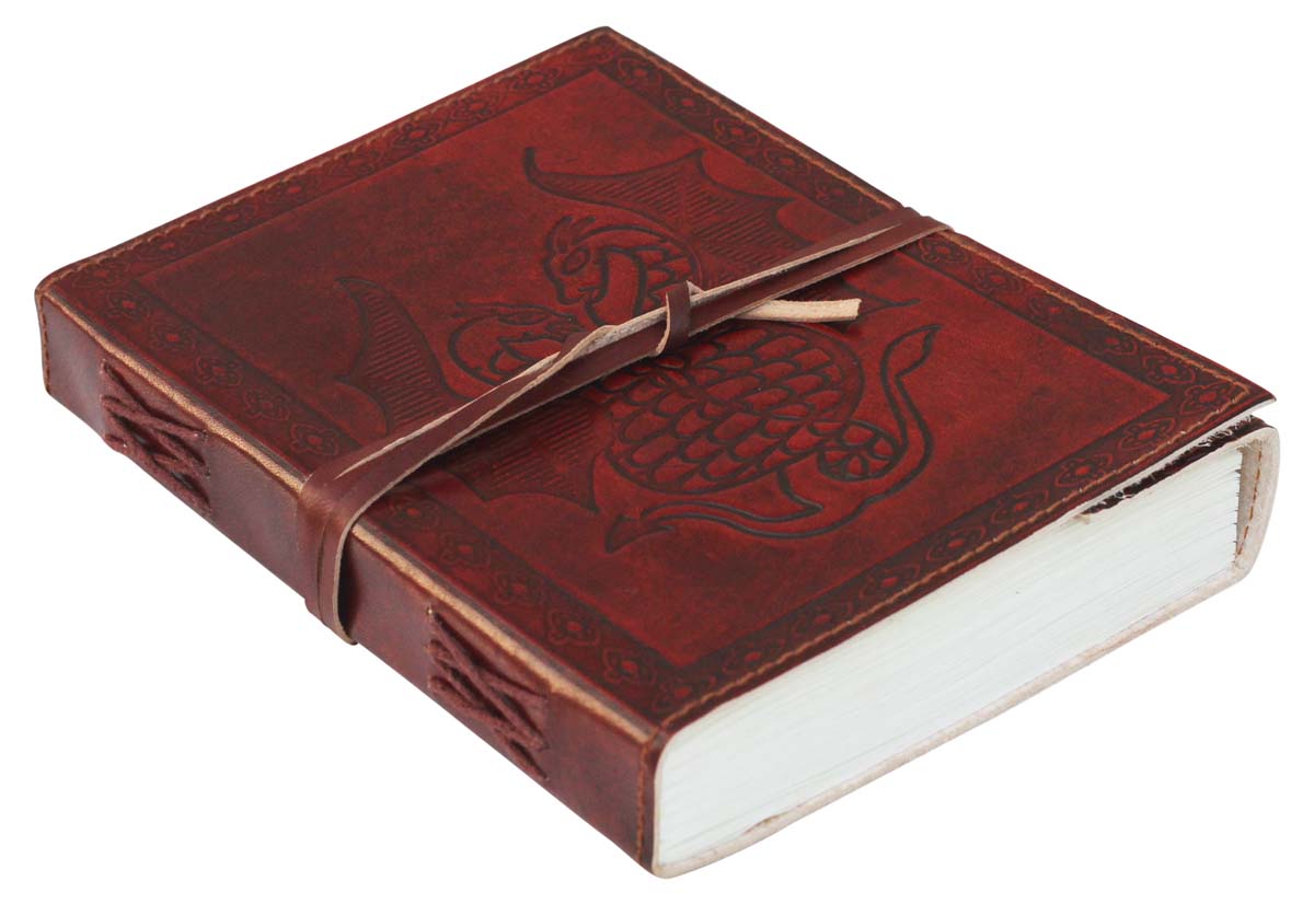 Genuine Handmade Leather Journal / Personal Notebook in Antiqued Dark Mahogany Brown - Double Dragon Embossed Leather - Travel Diaries & Gift Ideas - Buy in Bulk Wholesale