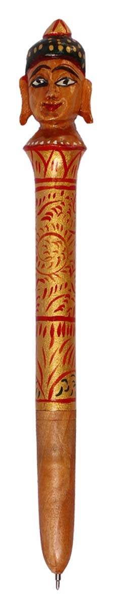 Bulk Wholesale Pen in Wood with a Colorful Rajasthani Lady Figurine Handmade Decorative Old-World Single Joint Pen
