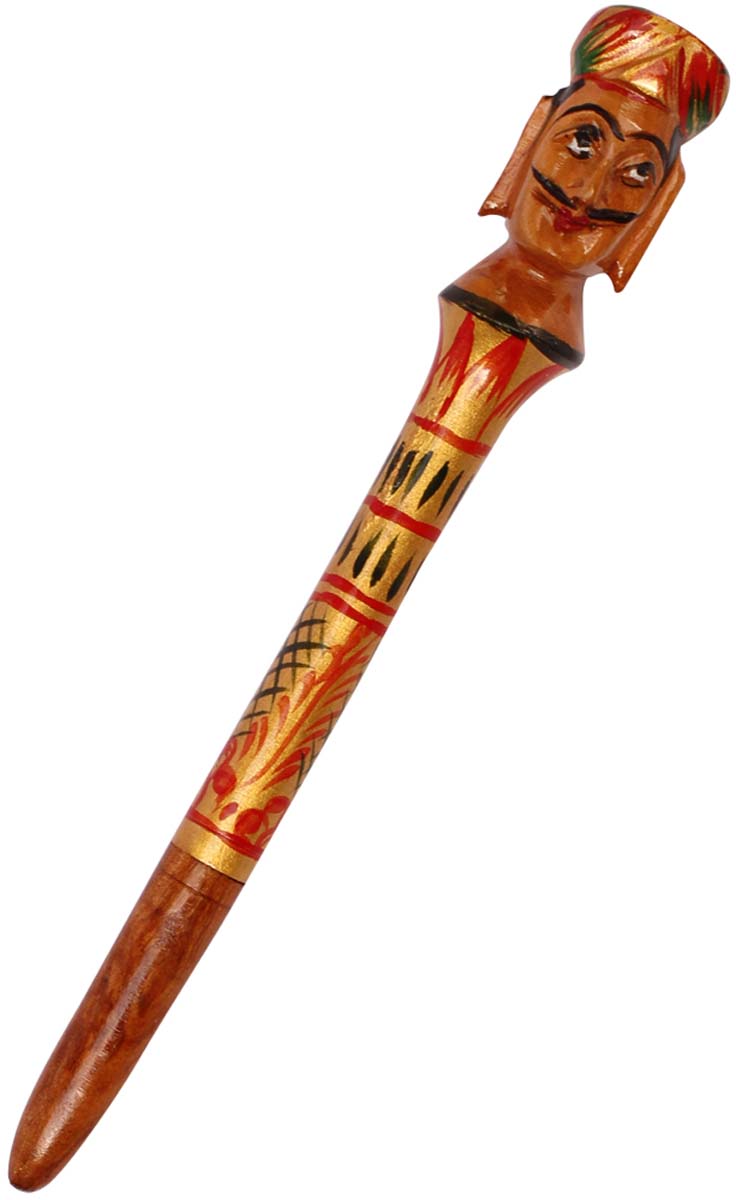 Bulk Wholesale Handmade Decorative Pen in Wood with a Colorful Rajasthani Man Figurine on Black - Old-World Single Joint Pen