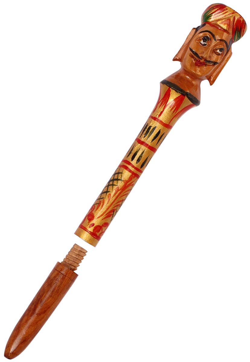 Bulk Wholesale Handmade Decorative Pen in Wood with a Colorful Rajasthani Man Figurine on Black - Old-World Single Joint Pen