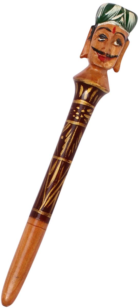 Bulk Wholesale Handcrafted Decorative Pen in Kadam Wood with a Colorful Rajasthani Man Figurine on Black – Old-World Single Joint Pen