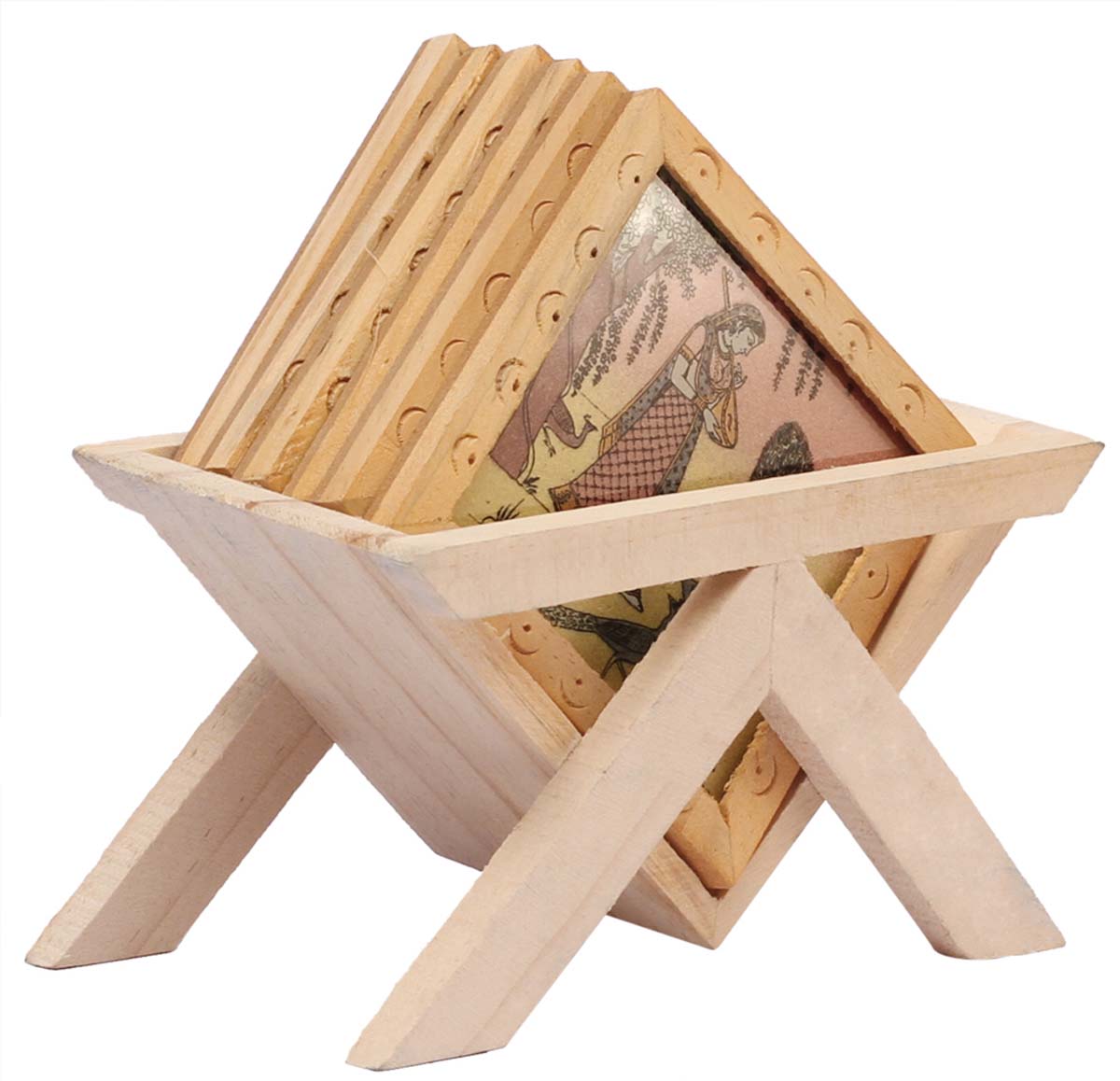Bulk Wholesale Set of 6 Coasters with a Trolley-Shaped Holder in Wood Handcrafted - Hand-Painted Coasters in Lady Figurine Covered with Glass