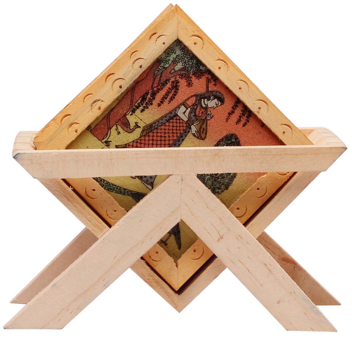 Bulk Wholesale Set of 6 Coasters with a Trolley-Shaped Holder in Wood Handcrafted - Hand-Painted Coasters in Lady Figurine Covered with Glass