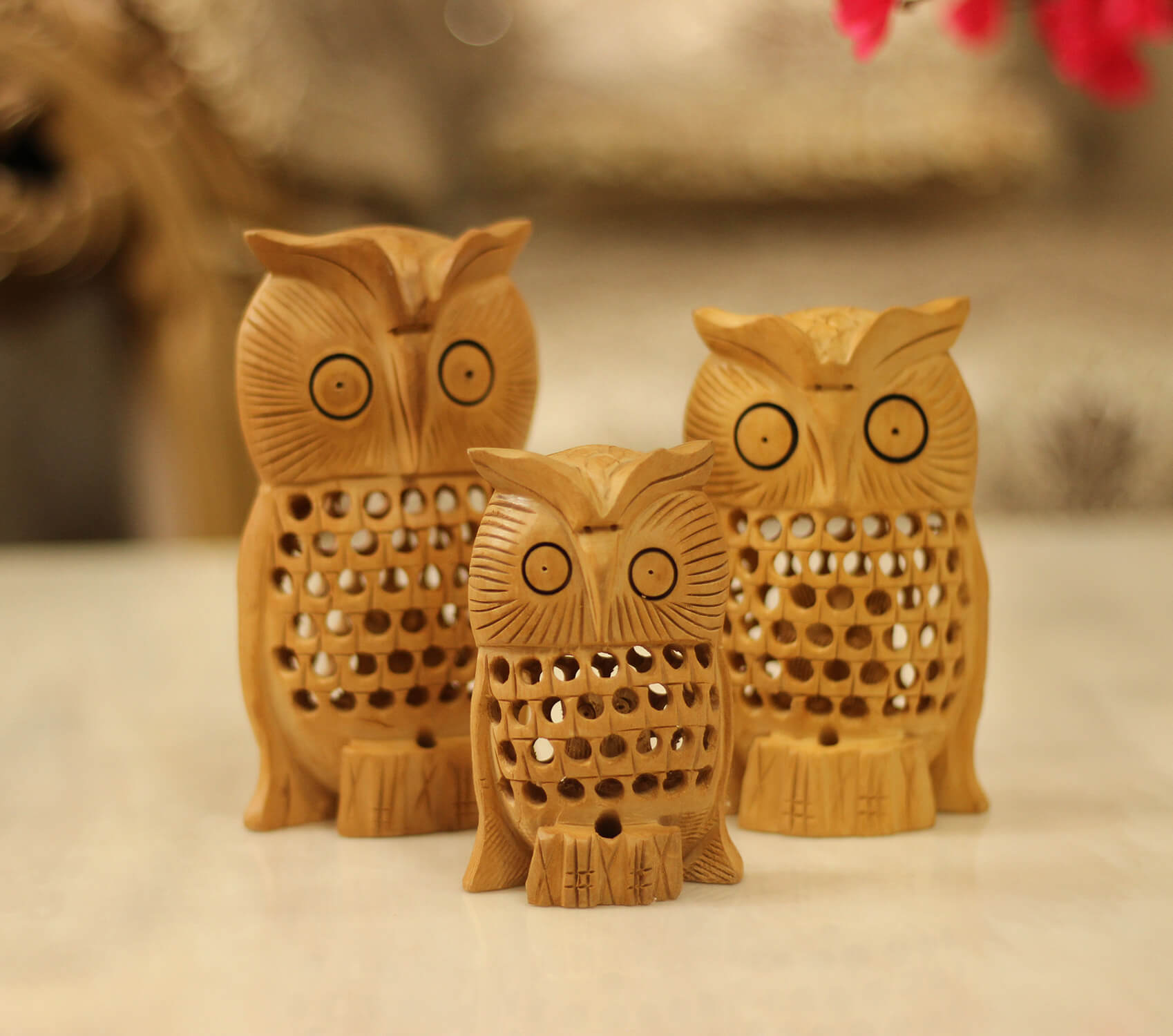 ArtistryBazaar Handmade 1.6" W X 6" H  set of 3 Decorative Wooden handcrafted owl Bird figurine  for home, office, shelf décor, tabletop -Showpiece for home, office, living room,shelf décor