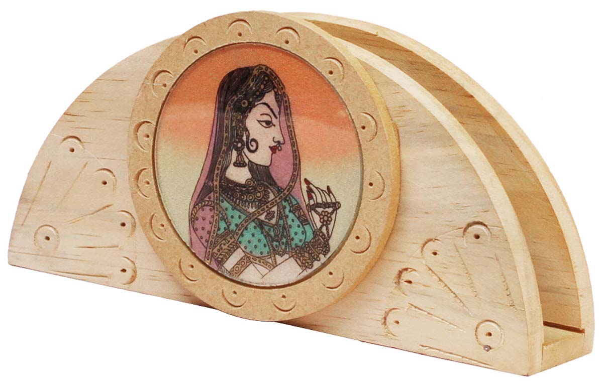Bulk Wholesale Napkin/Tissue Holder Handcrafted in Wood - Hand-Painted Holder with Colorful Lady Figurine Covered with Glass
