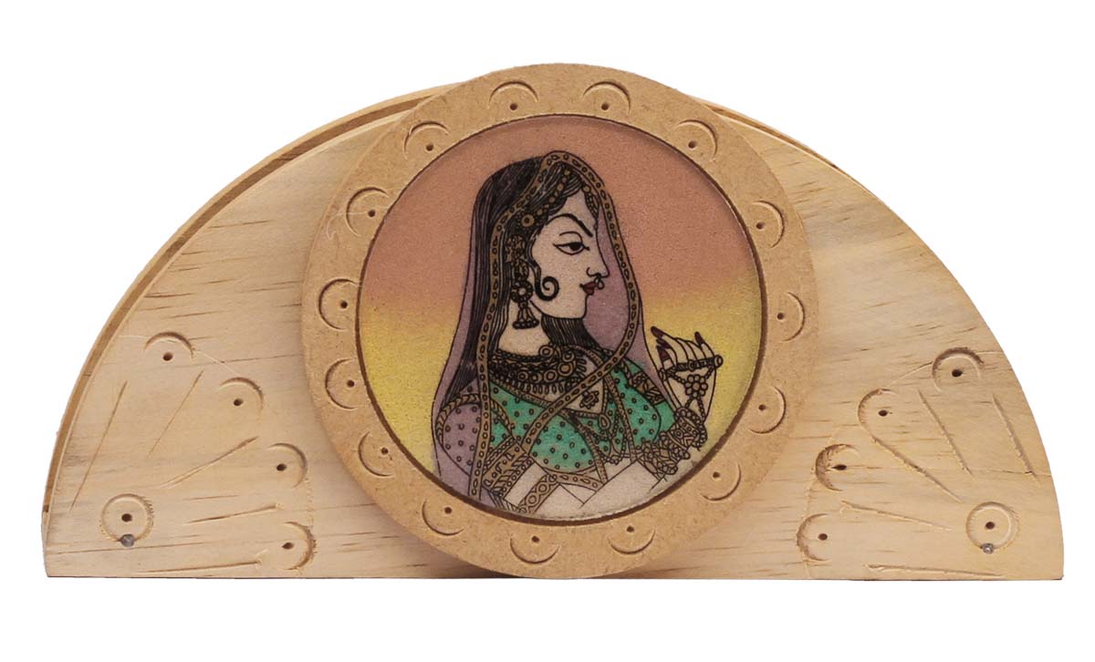 Bulk Wholesale Napkin/Tissue Holder Handcrafted in Wood - Hand-Painted Holder with Colorful Lady Figurine Covered with Glass