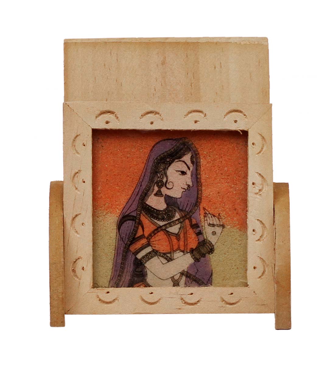 Bulk Wholesale Handcrafted Mobile Holder in Kadam Wood – Hand-Painted Holder with Colorful Lady Figurine Covered with Glass