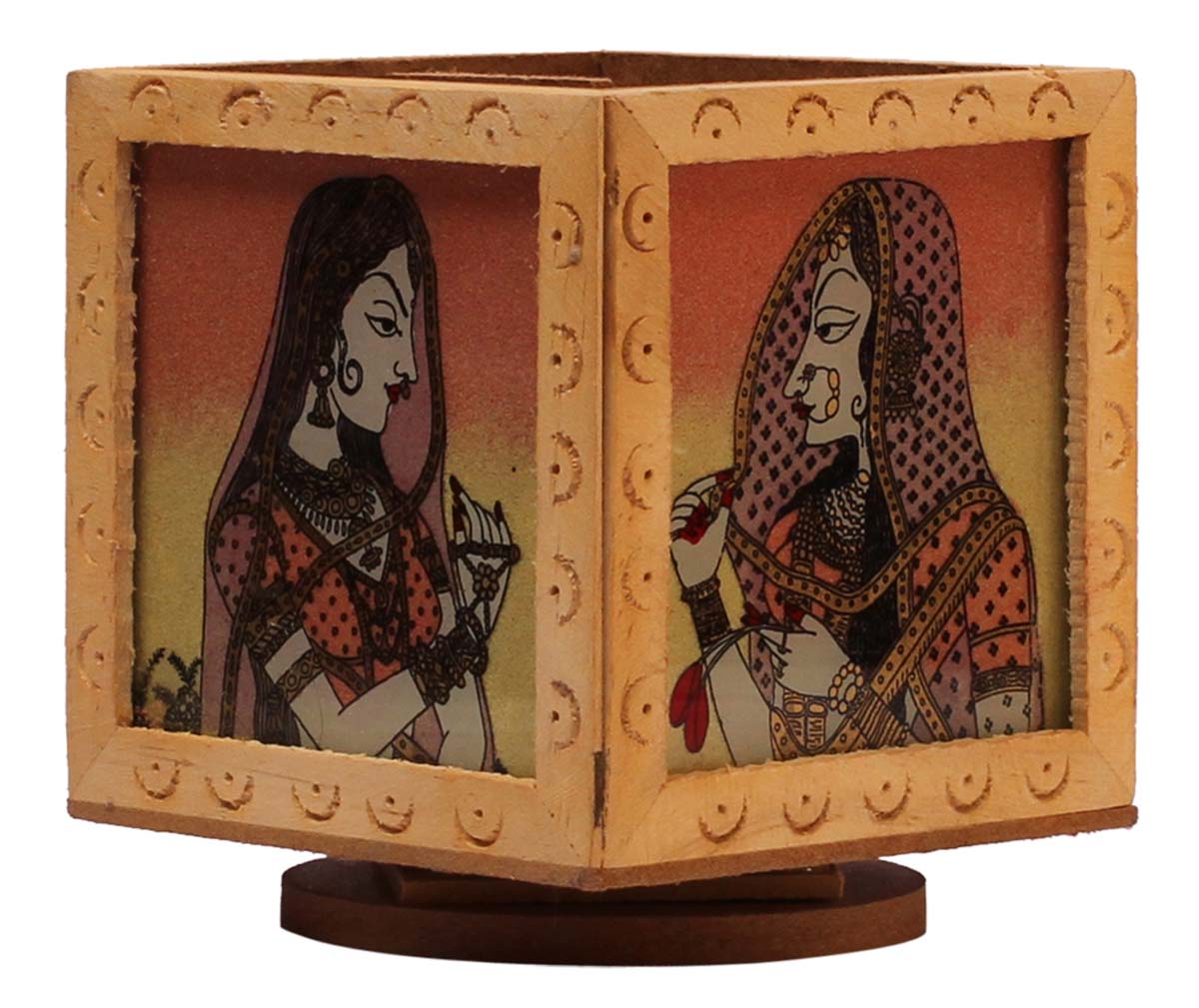 Bulk Wholesale Handcrafted Pen Stand / Stationery Organizer in Kadam Wood – Hand-Painted Pen Holder with Colorful Lady Figurine Covered with Glass