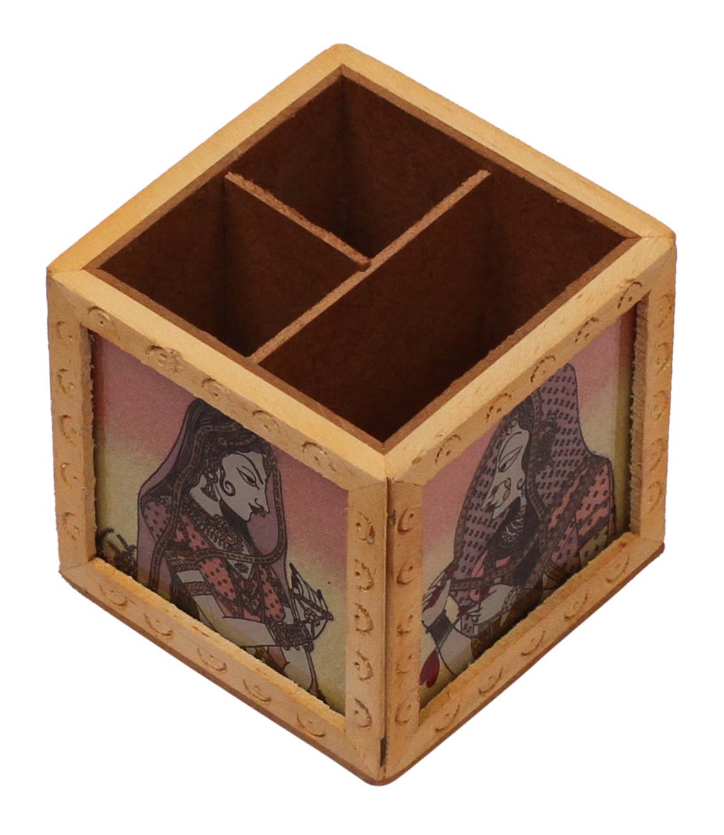 Bulk Wholesale Handcrafted Pen Stand / Stationery Organizer in Kadam Wood – Hand-Painted Pen Holder with Colorful Lady Figurine Covered with Glass