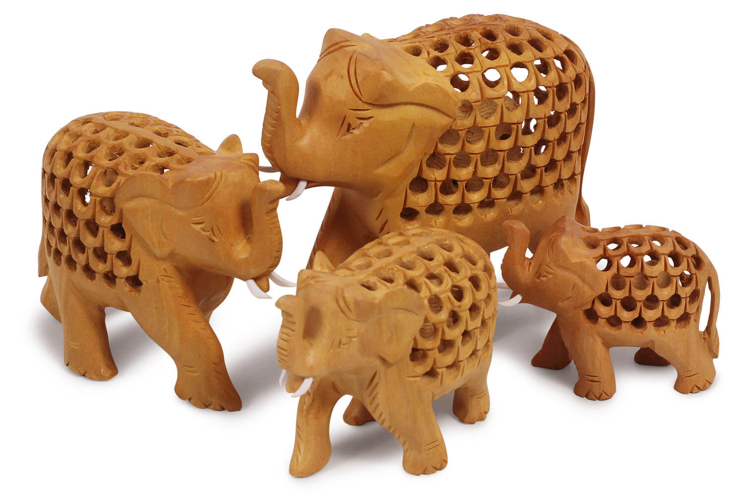 ArtistryBazaar Handmade 1.6" W X 4.5" H Wooden handcrafted elephant set of 4 -Handcrafted from India-Showpiece for home, office, living room,shelf décor -Gift for house warming