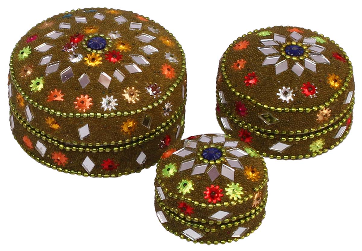 Wholesale Set of 3 Aluminium Jewelry Boxes - Bulk Buy Handmade Green Keepsake Box/Trinket Box Decorated with the Traditional Laakh Work from India