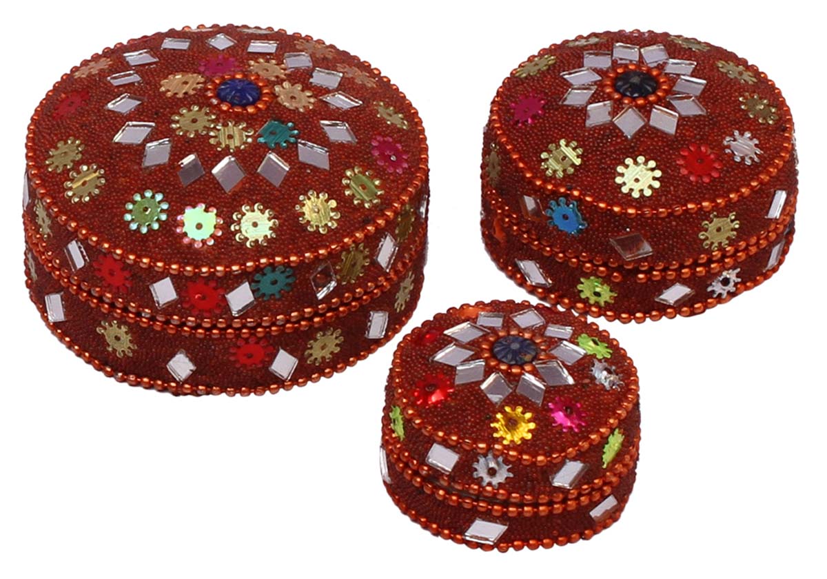 Wholesale Set of 3 Aluminium Jewelry Boxes - Bulk Buy Handmade Red Keepsake Box/Trinket Box Decorated with the Traditional Laakh Work from India