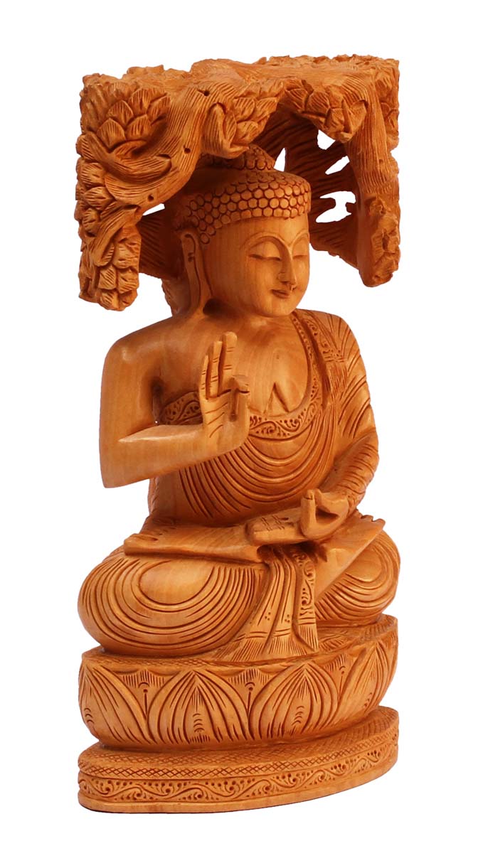 Wholesale Wooden 10” Lord Buddha Sitting Under a Tree Figurine - Buy in Bulk Hand Carved Wood Figurine/Statue of Buddha in Abhaya Mudra - Unique Good Luck Charms Stone Sculpture - Home & Office Decor