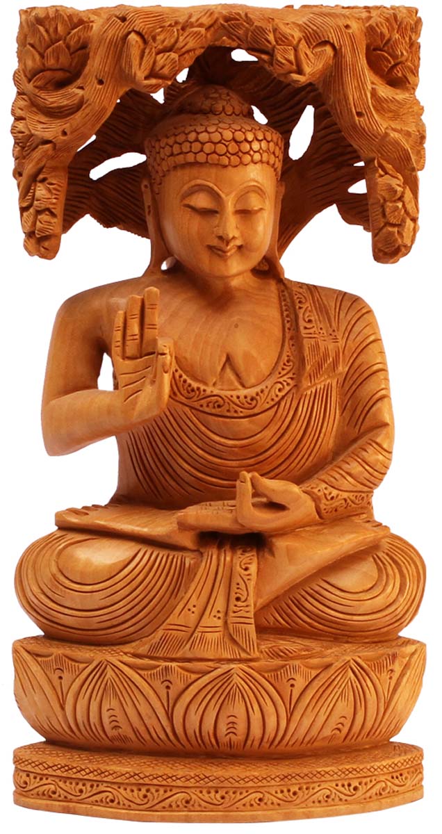 Wholesale Wooden 10” Lord Buddha Sitting Under a Tree Figurine - Buy in Bulk Hand Carved Wood Figurine/Statue of Buddha in Abhaya Mudra - Unique Good Luck Charms Stone Sculpture - Home & Office Decor