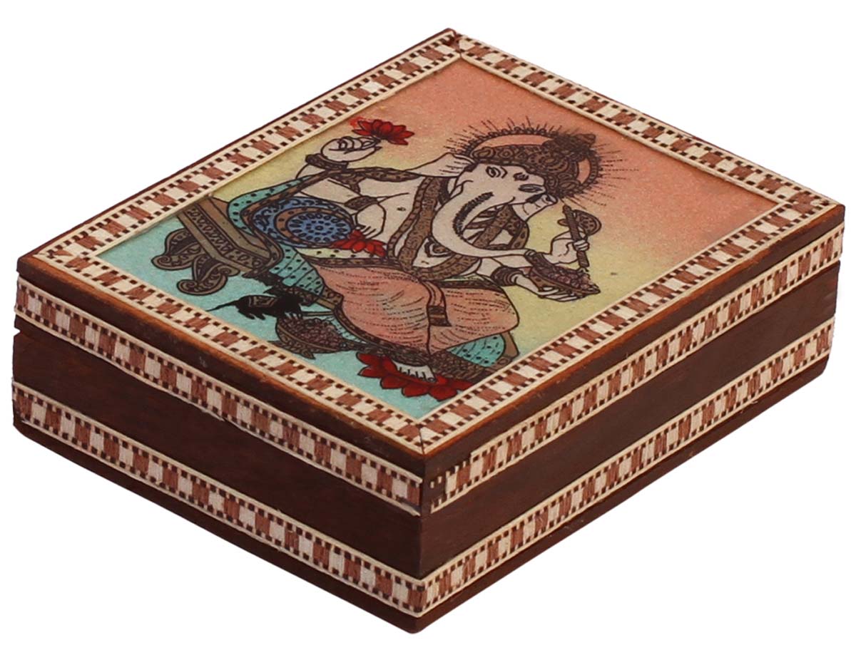Wholesale 4.2x3.2” Wooden Jewelry Box - Bulk Buy Rectangular Shaped Jewelry Box/Trinket Box with Lord Ganesha Figurine in Gem Stone Dust Painting - Jewelry Accessories from India