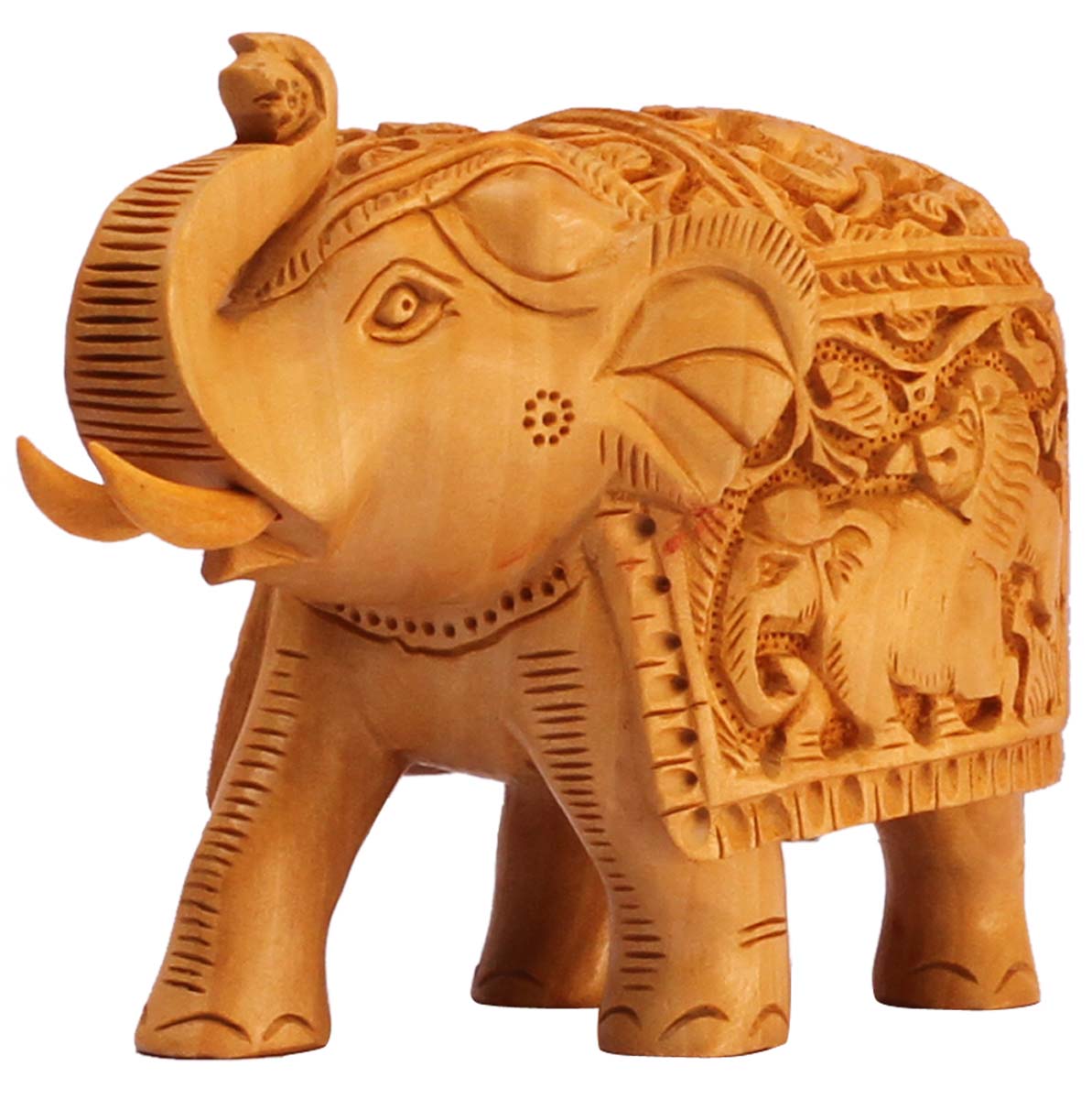 Wholesale Elephant Figurine - Buy in Bulk 5.2” Hand Carved Wooden Figurine/Elephant Statue with Intricate Traditional Motif Carving on its Body - Unique Animal Decor Sculpture from India