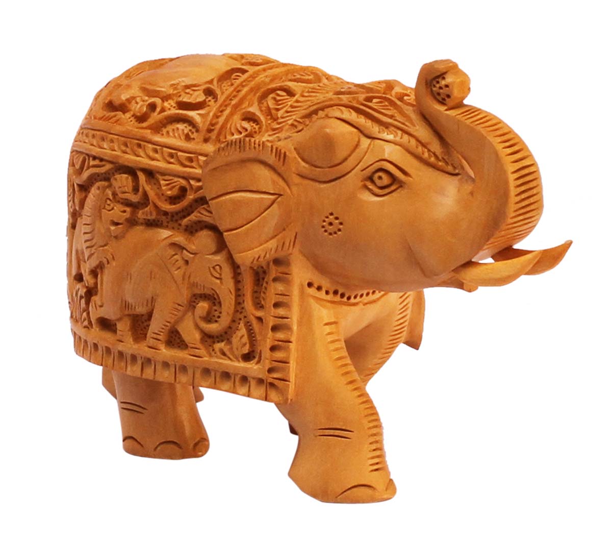 Wholesale Elephant Figurine - Buy in Bulk 5.2” Hand Carved Wooden Figurine/Elephant Statue with Intricate Traditional Motif Carving on its Body - Unique Animal Decor Sculpture from India