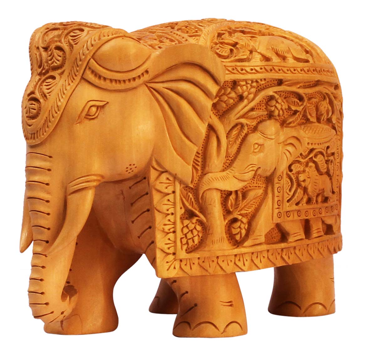 Wholesale Elephant Figurine - Buy in Bulk 8” Hand Carved Wooden Figurine/Elephant Statue with Intricate Traditional Motif Carving on its Body - Unique Animal Decor Sculpture from India