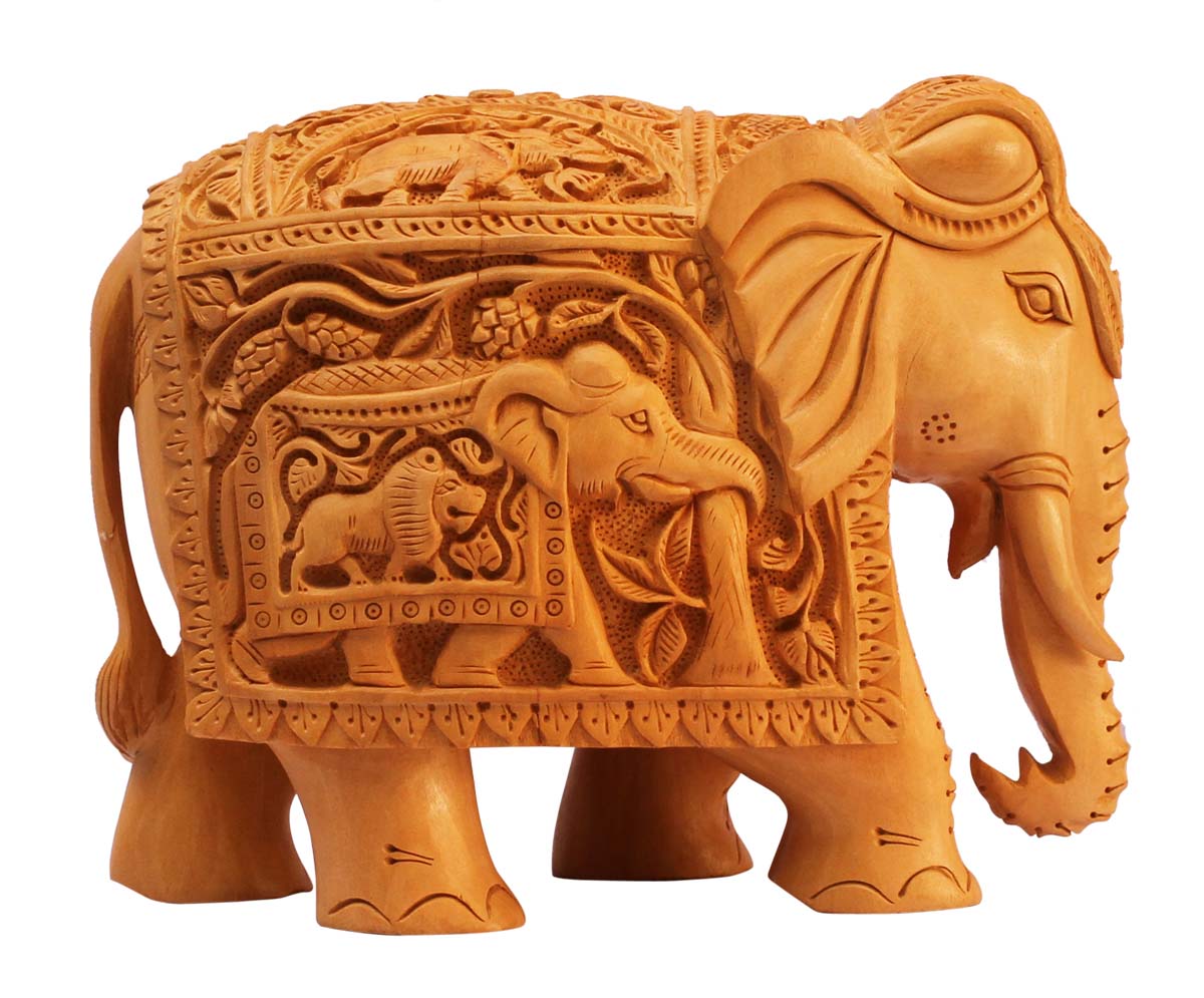 Wholesale Elephant Figurine - Buy in Bulk 8” Hand Carved Wooden Figurine/Elephant Statue with Intricate Traditional Motif Carving on its Body - Unique Animal Decor Sculpture from India