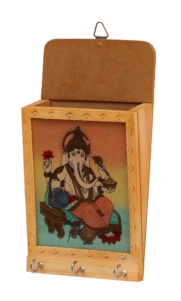 Bulk Wholesale MDF Pen-Stand Handcrafted with Rajasthani Style Gem Stone Dust Painting of Lord Ganesha on all 4 Sides - Antique-Look Holders from India