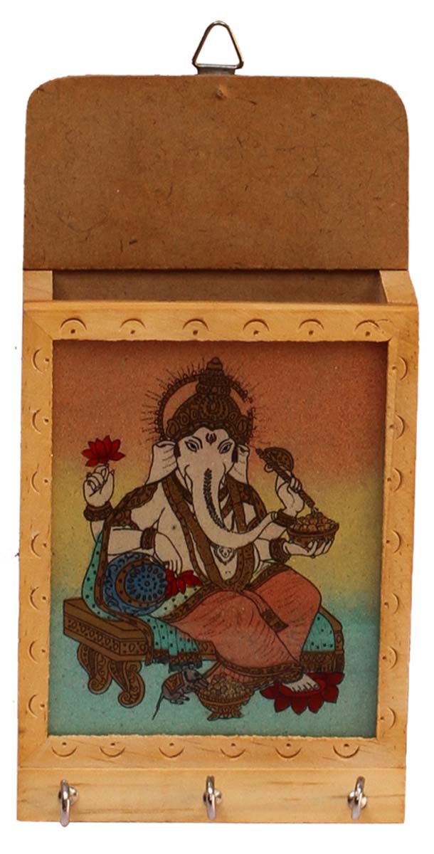 Bulk Wholesale MDF Pen-Stand Handcrafted with Rajasthani Style Gem Stone Dust Painting of Lord Ganesha on all 4 Sides - Antique-Look Holders from India
