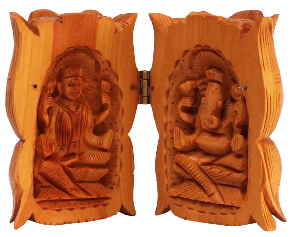 Wholesale 3” Hand Carved Lord Ganesha & Goddess Lakshmi Figurine/Statue Inside Lotus Shaped Statue - Bulk Buy Home Decor Item with Intricate Carving in Wood from India