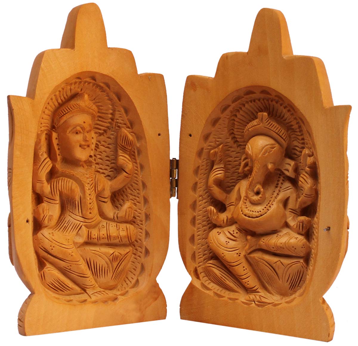 Wholesale 6” Hand Carved Lord Ganesha & Goddess Lakshmi Figurine/Statue Inside Namaste Pose Statue - Bulk Buy Home Decor Item with Intricate Carving in Wood from India