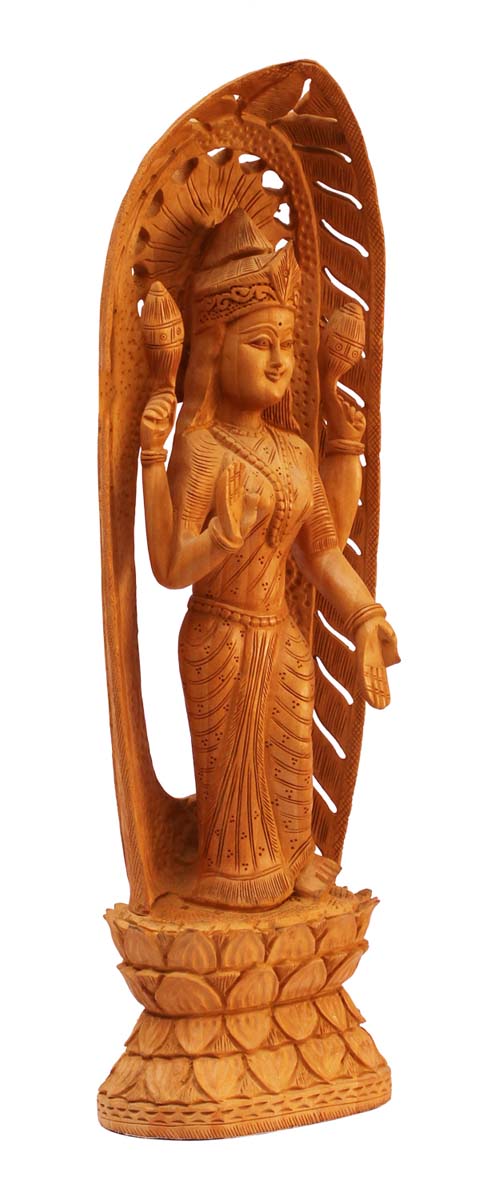 Wholesale Goddess Laxmi/Lakshmi (Goddess of Wealth & Prosperity) Figurine - Buy in Bulk 15” Hand Carved Wood Hindu Goddess Figurine/Statue - Unique Good Luck Charms Sculpture of Hindu God & Goddess - Religious Home & Office Decor