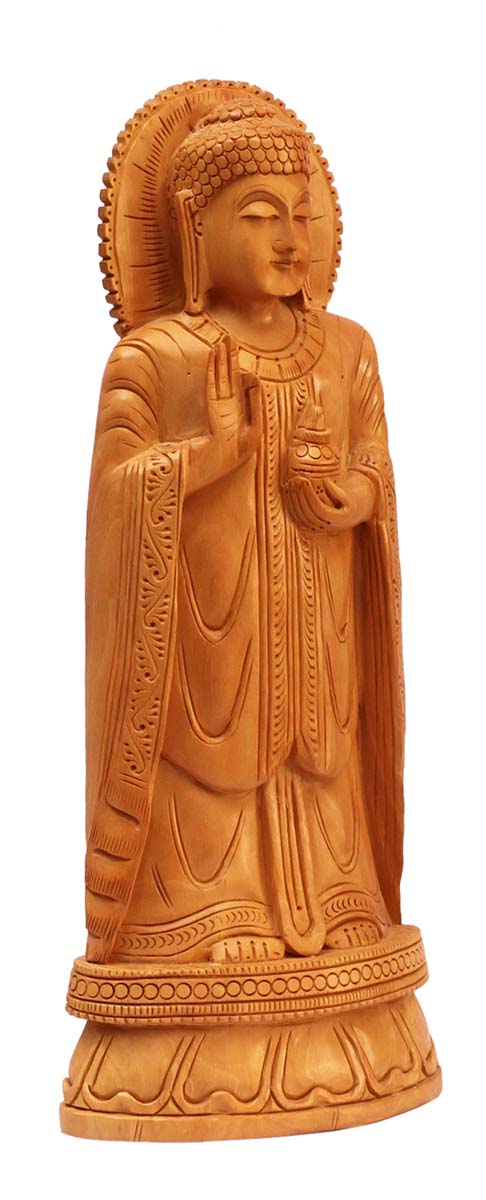 Wholesale 12” Lord Gautama Buddha Statue/Figurine in Standing Pose - Buy in Bulk Hand Carved Wood Buddha Figurine/Statue - Unique Good Luck Charms Sculpture of Hindu God & Goddess - Religious Home & Office Decor