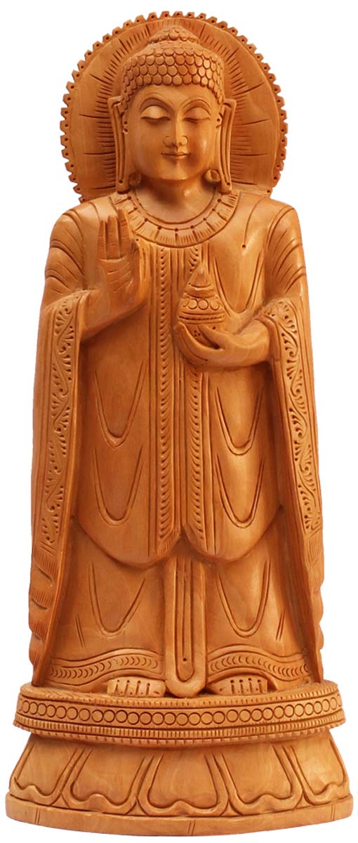 Wholesale 12” Lord Gautama Buddha Statue/Figurine in Standing Pose - Buy in Bulk Hand Carved Wood Buddha Figurine/Statue - Unique Good Luck Charms Sculpture of Hindu God & Goddess - Religious Home & Office Decor