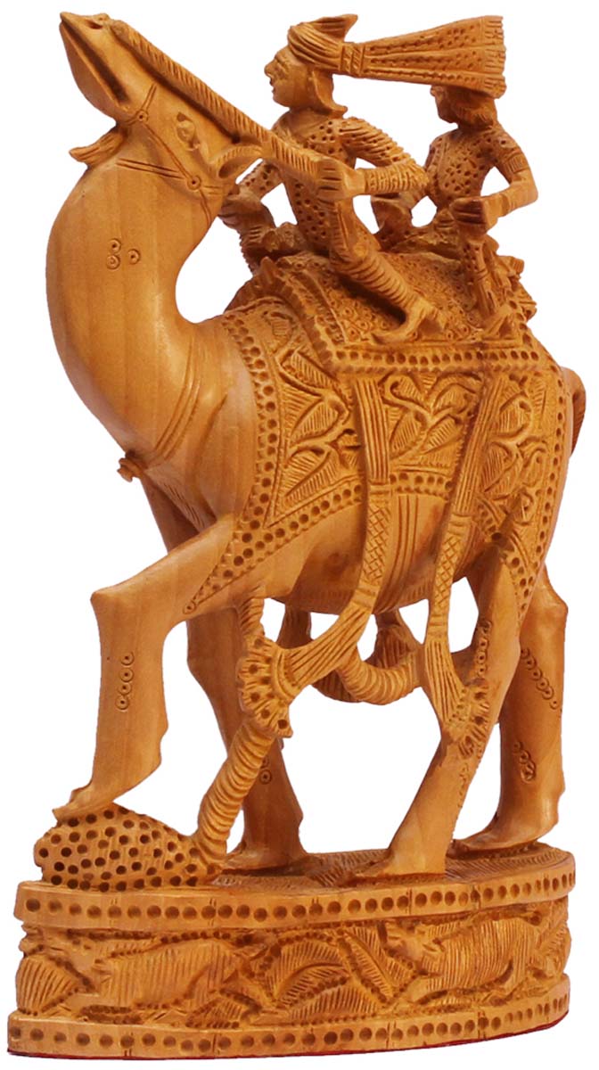 Wholesale Camel Figurine/Statue with Traditional Indian Motif Carving - Buy in Bulk Handmade 8” Wood Camel Sculpture with King and Queen Sitting on it - Good Luck Sculptures - Home & Office Decor