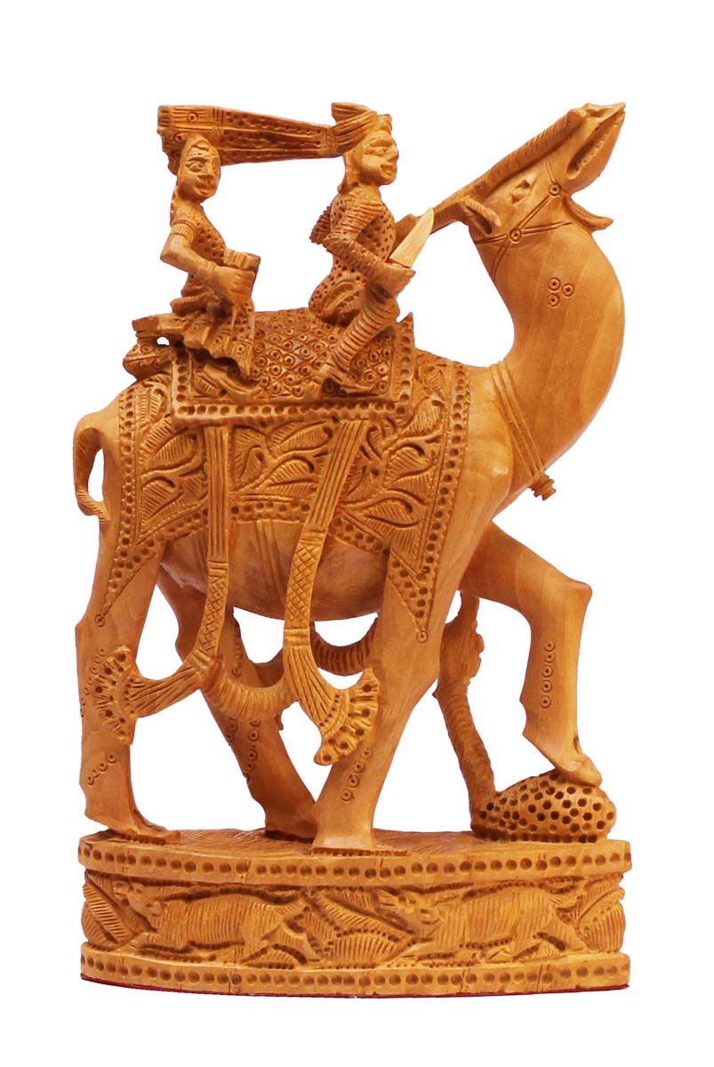 Wholesale Camel Figurine/Statue with Traditional Indian Motif Carving - Buy in Bulk Handmade 8” Wood Camel Sculpture with King and Queen Sitting on it - Good Luck Sculptures - Home & Office Decor