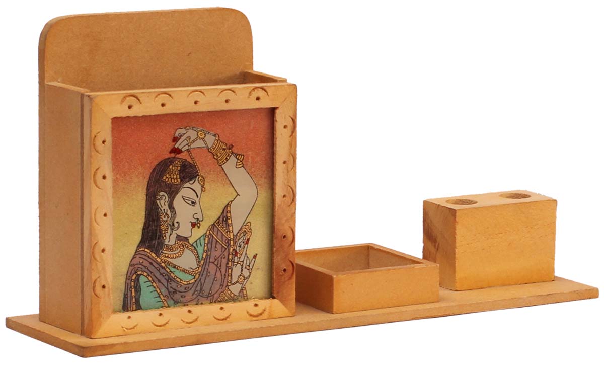 Bulk Wholesale Handcrafted Desk Organizer in Palm Wood with Gem Stone Dust Painting of a Lady – Antique Style Art-Piece from India
